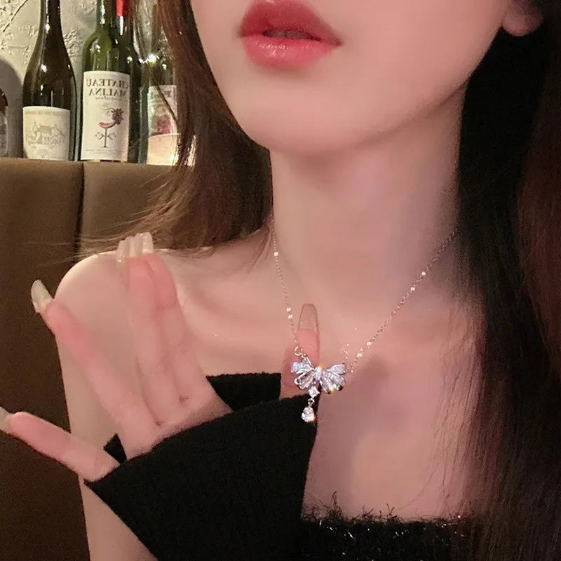 Fashion Pink Crystal Heart Bow Tie Pendant Necklace