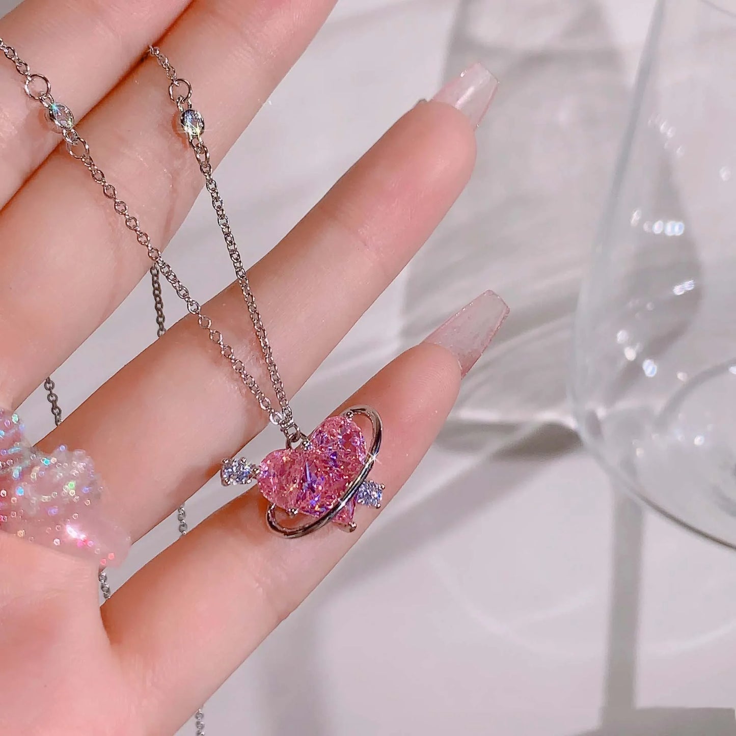 Fashion Pink Crystal Heart Bow Tie Pendant Necklace