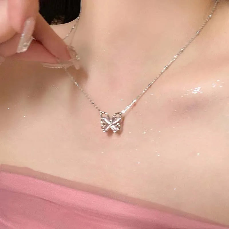 Fashion Pink Crystal Heart Bow Tie Pendant Necklace