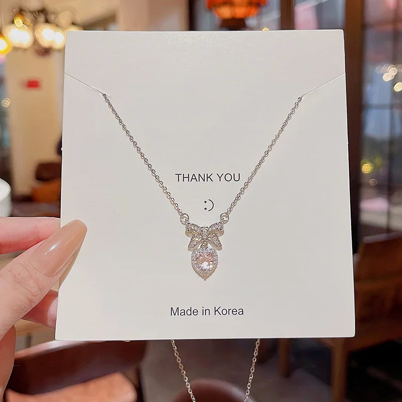 Fashion Pink Crystal Heart Bow Tie Pendant Necklace