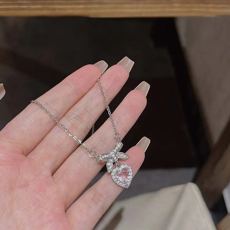 Fashion Pink Crystal Heart Bow Tie Pendant Necklace
