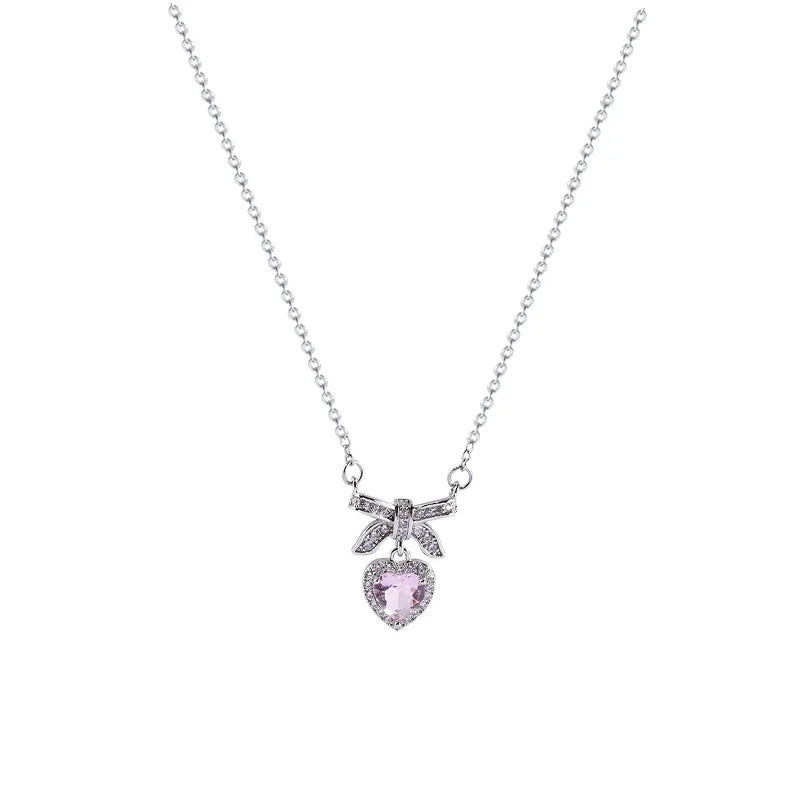 Fashion Pink Crystal Heart Bow Tie Pendant Necklace
