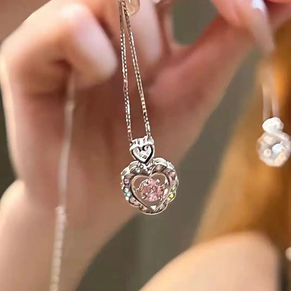 Fashion Pink Crystal Heart Bow Tie Pendant Necklace
