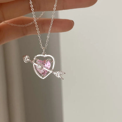 Fashion Pink Crystal Heart Bow Tie Pendant Necklace