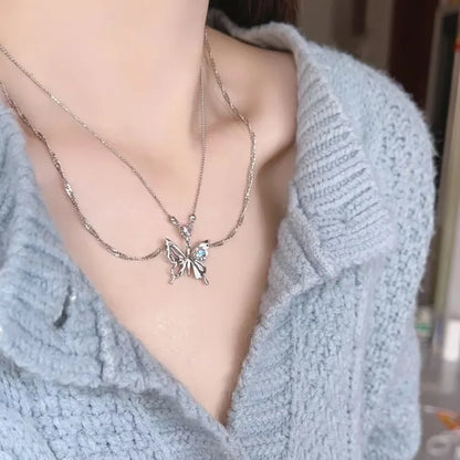 Fashion Pink Crystal Heart Bow Tie Pendant Necklace