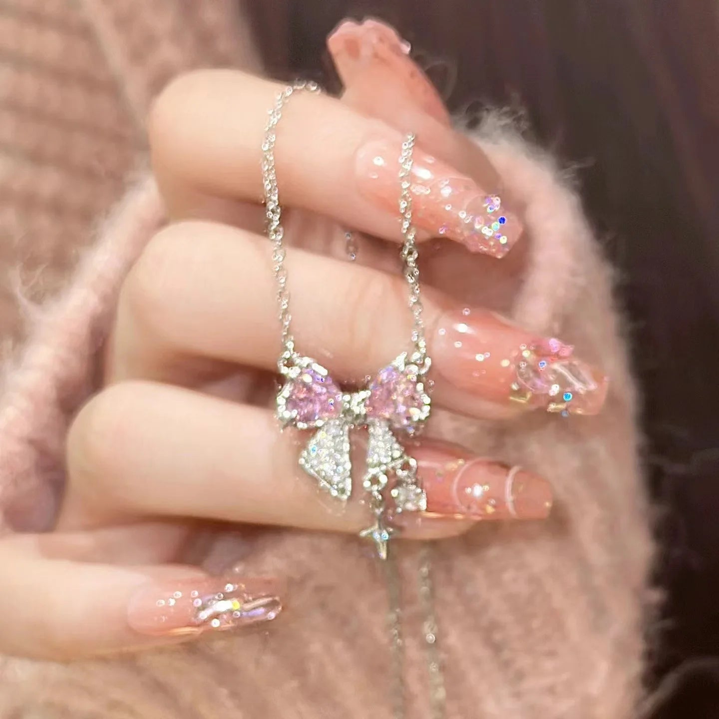 Fashion Pink Crystal Heart Bow Tie Pendant Necklace