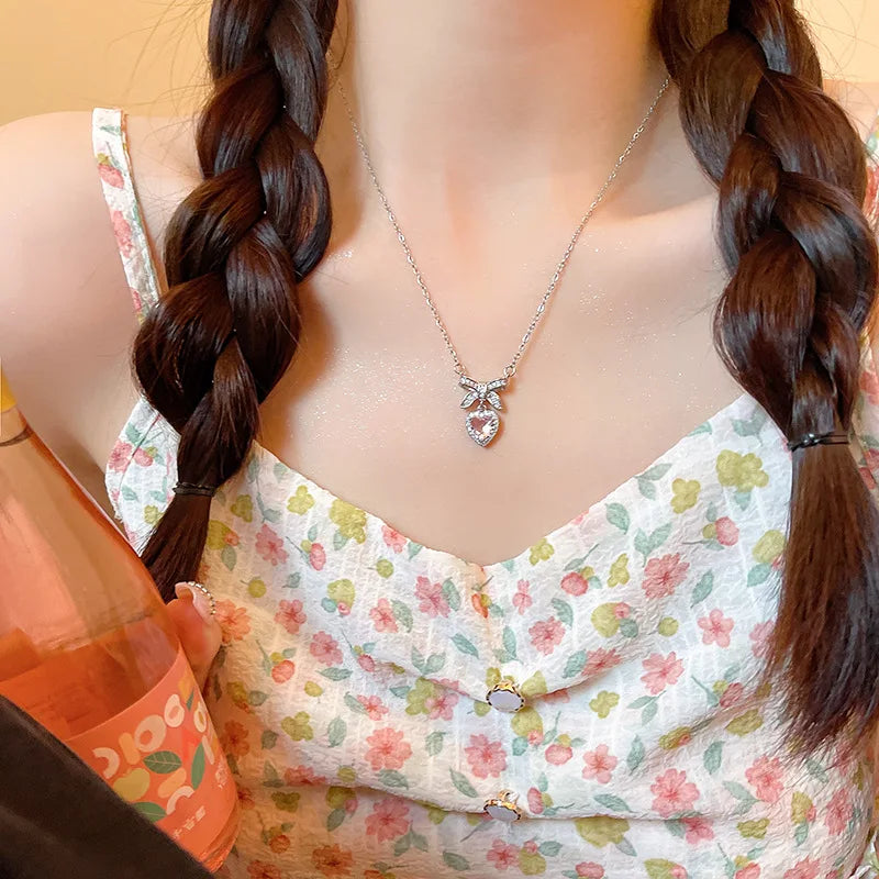 Fashion Pink Crystal Heart Bow Tie Pendant Necklace
