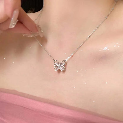 Fashion Pink Crystal Heart Bow Tie Pendant Necklace