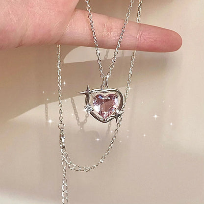 Fashion Pink Crystal Heart Bow Tie Pendant Necklace
