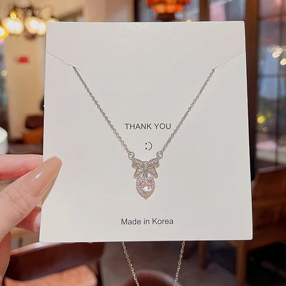 Fashion Pink Crystal Heart Bow Tie Pendant Necklace